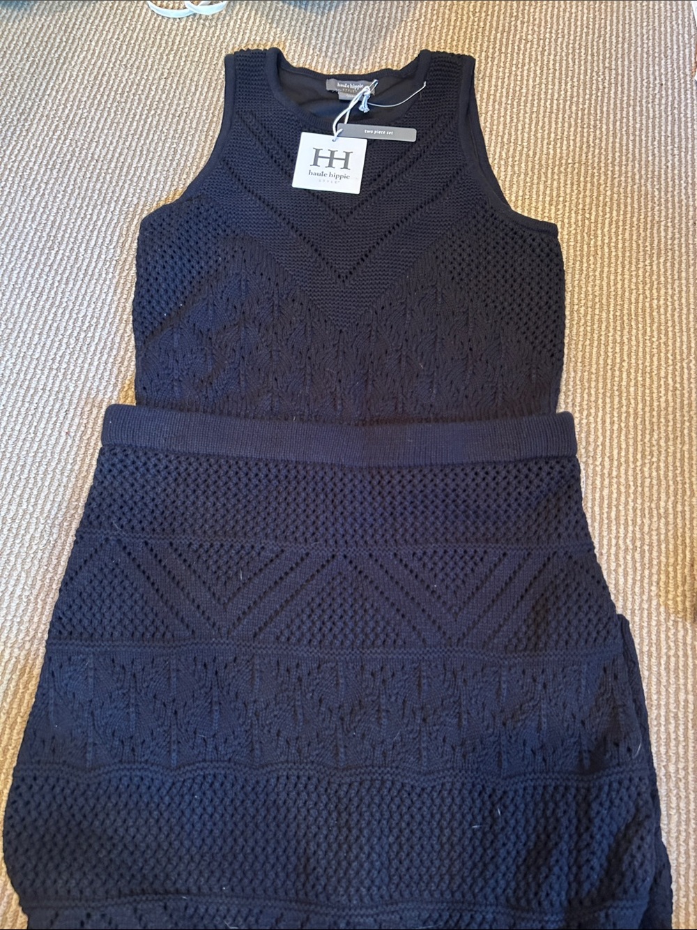 NWT Haute Hippie Black crochet Textured Knit skirt set Size S